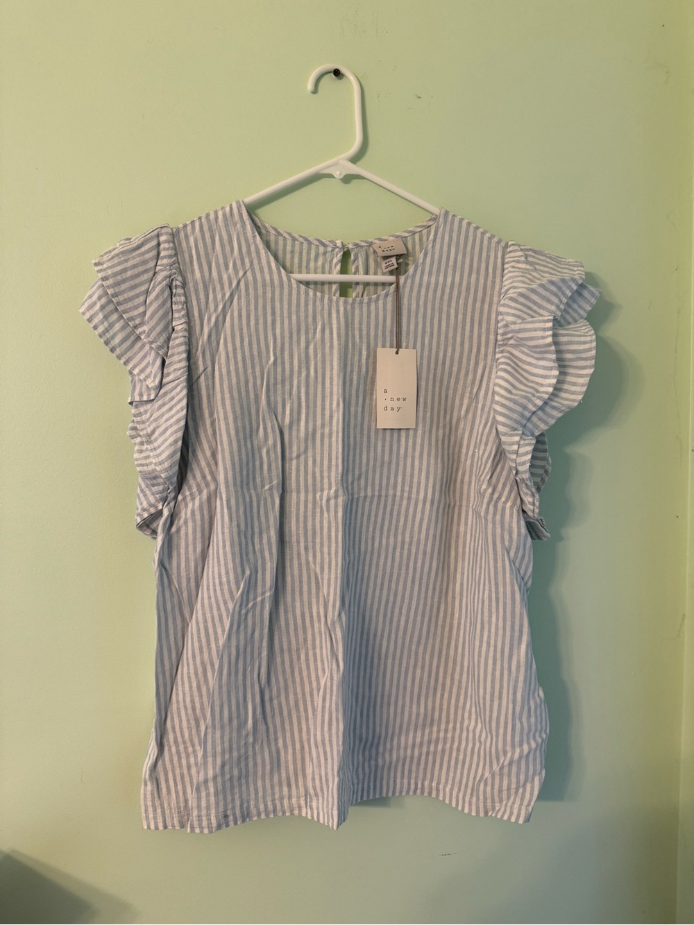 a new day Light Blue and White Striped Ruffle Sleeve Blouse